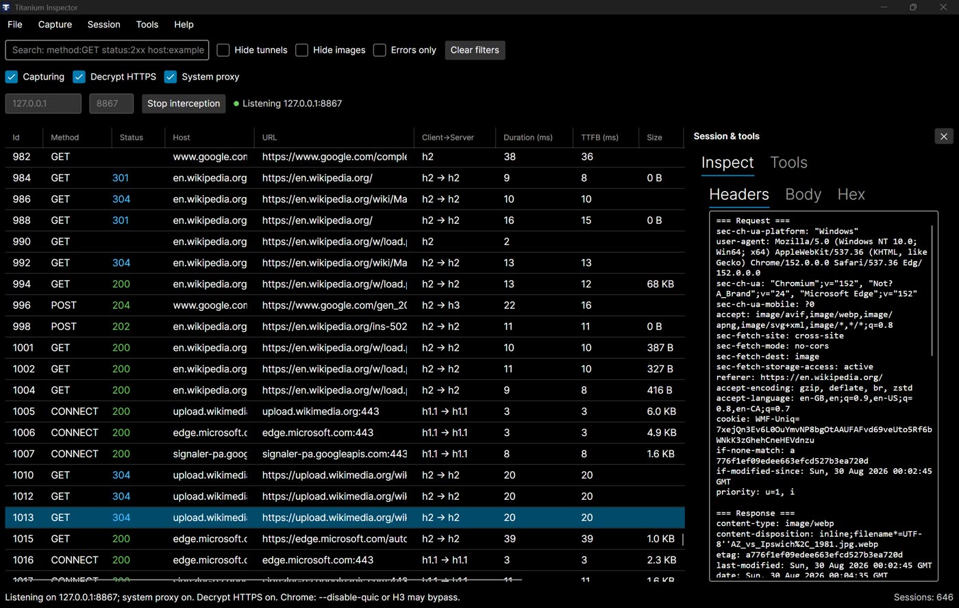 Titanium Inspector session grid with HTTPS decrypt and headers pane